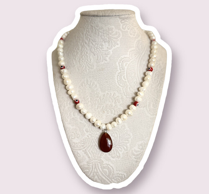 Freshwater Pearls & Evil Eye Necklace W/ Carnelian Pendant 19.5”