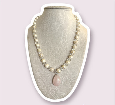 Freshwater Pearls & HQ Glass Bead Necklace W/ Rose Quartz Pendant 19.5”