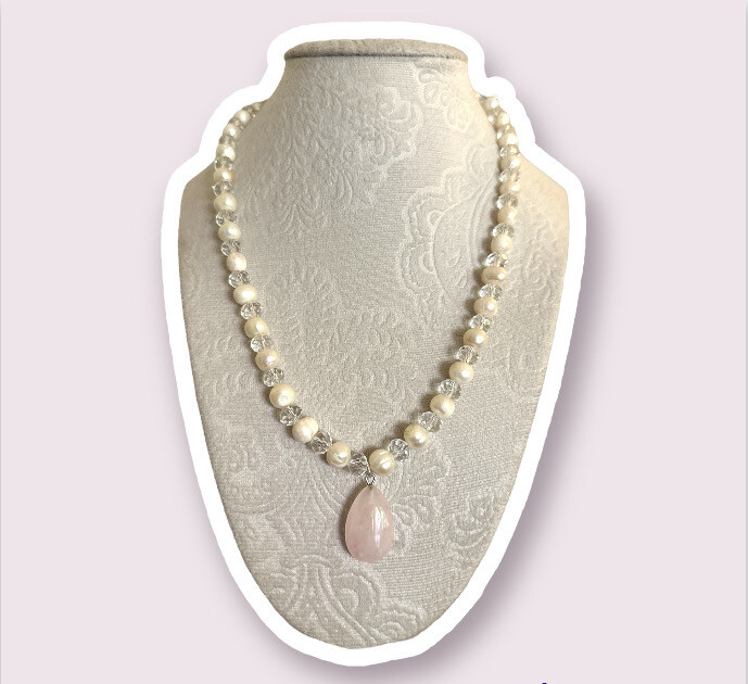 Freshwater Pearls & HQ Glass Bead Necklace W/ Rose Quartz Pendant 19.5”