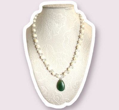 Freshwater Pearls & HQ Glass Spacers Necklace W/ Aventurine Pendant 19.5”