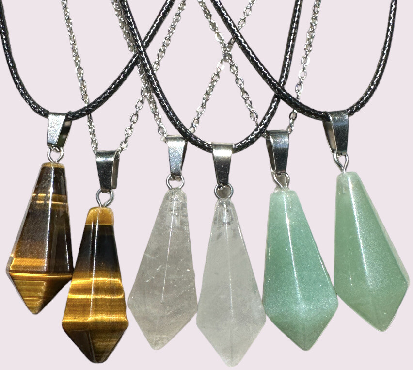Pendulum Crystal Pendant Necklace - Tigers Eye/Clear Quartz/Aventurine