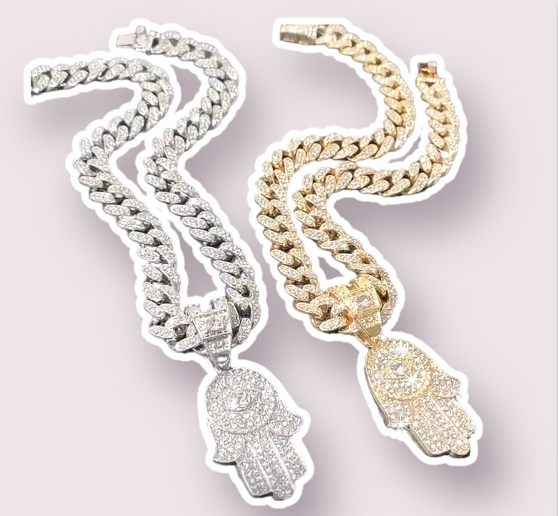 Hamsa Hand/Evil Eye - Cuban Link 16”/18” Chain