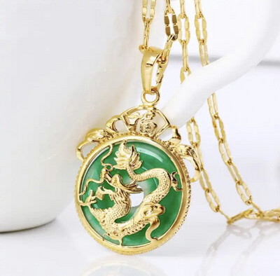 Green/White Jade Dragon Pendant Necklace