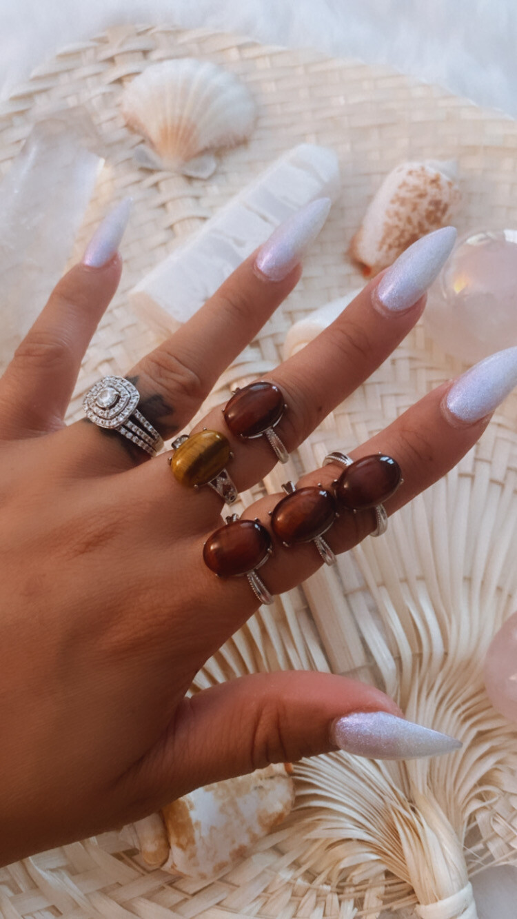 Tigers Eye - Silver Alloy - Adjustable Rings (Red & Yellow)