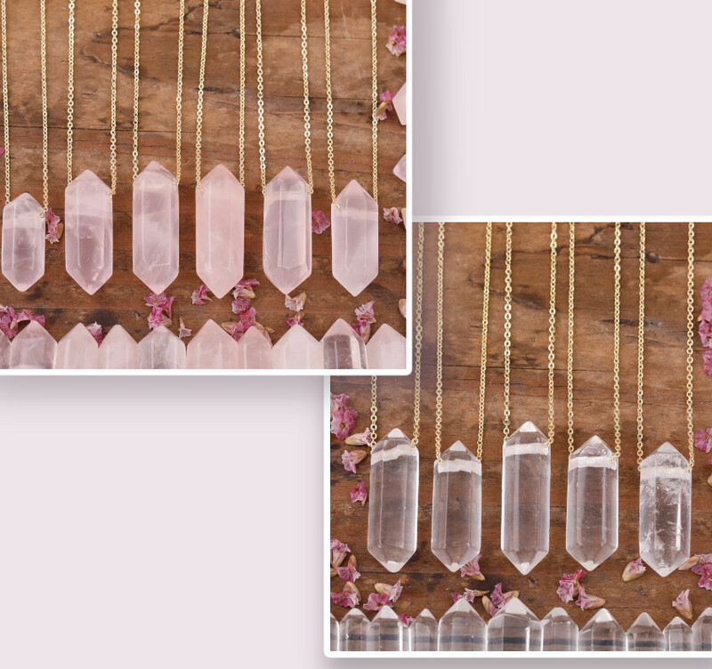 Rose Quartz - Clear Quartz Double Point Terminated Pendant Necklace Rose Quartz - Clear Quartz Double Point Terminated Pendant Necklace