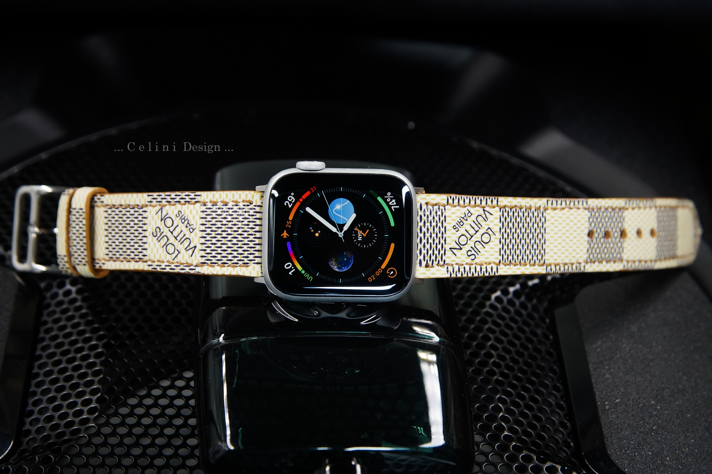 Spark*l Authentic Upcycled LV Damier Azur Apple Watch Band - Size 4, 38-41mm The Louie Damier Blue and White Watch Band for Apple Watch  main image 3