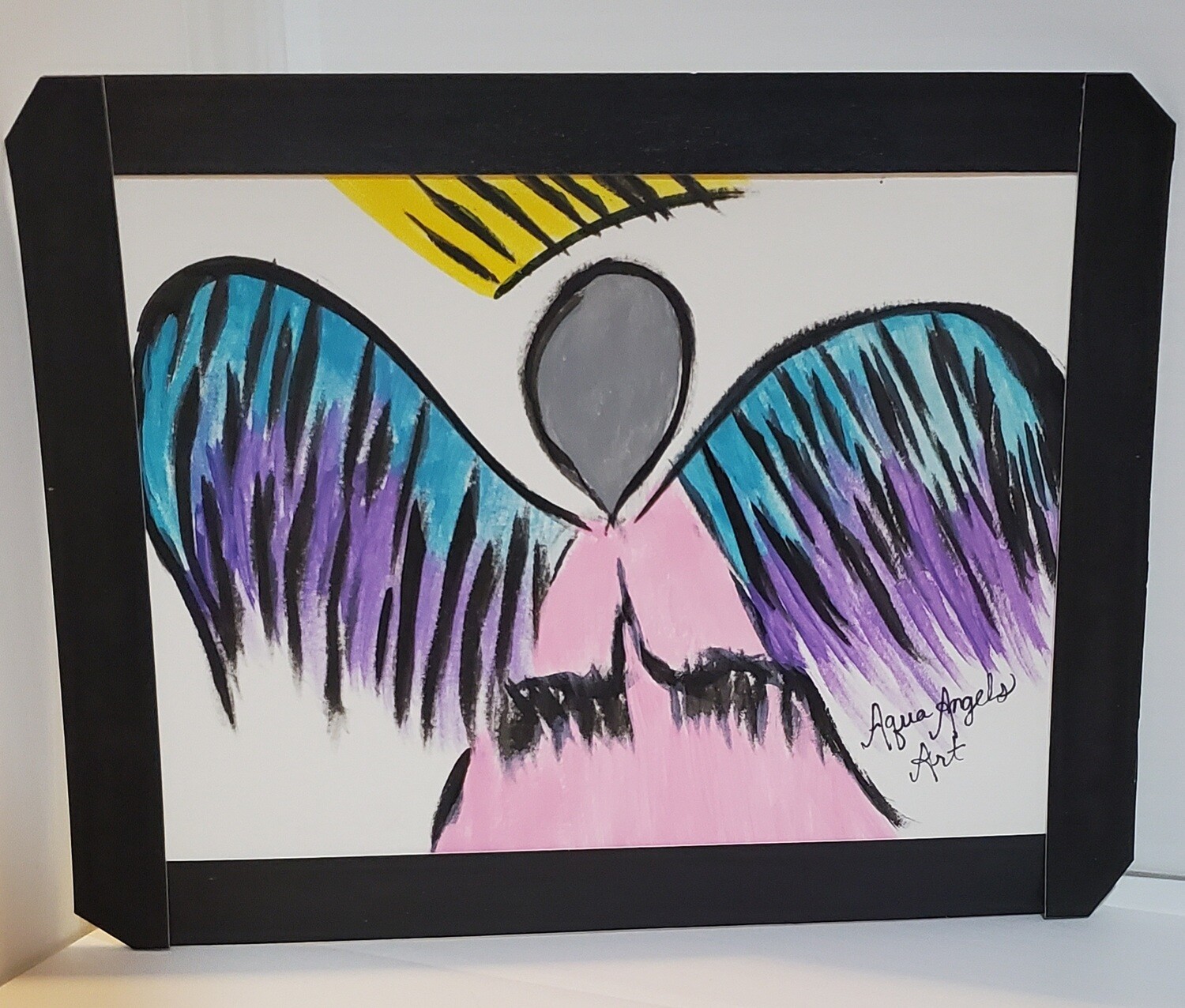 Aqua Angels Art Blue and Purple Winged Angel Black Outlined Series Acrylic Painting OOAK