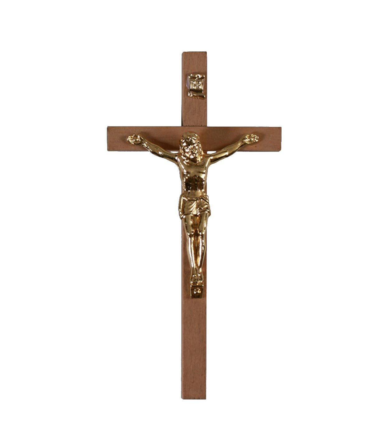 Croce in legno chiaro con Cristo finitura ottone lucido
