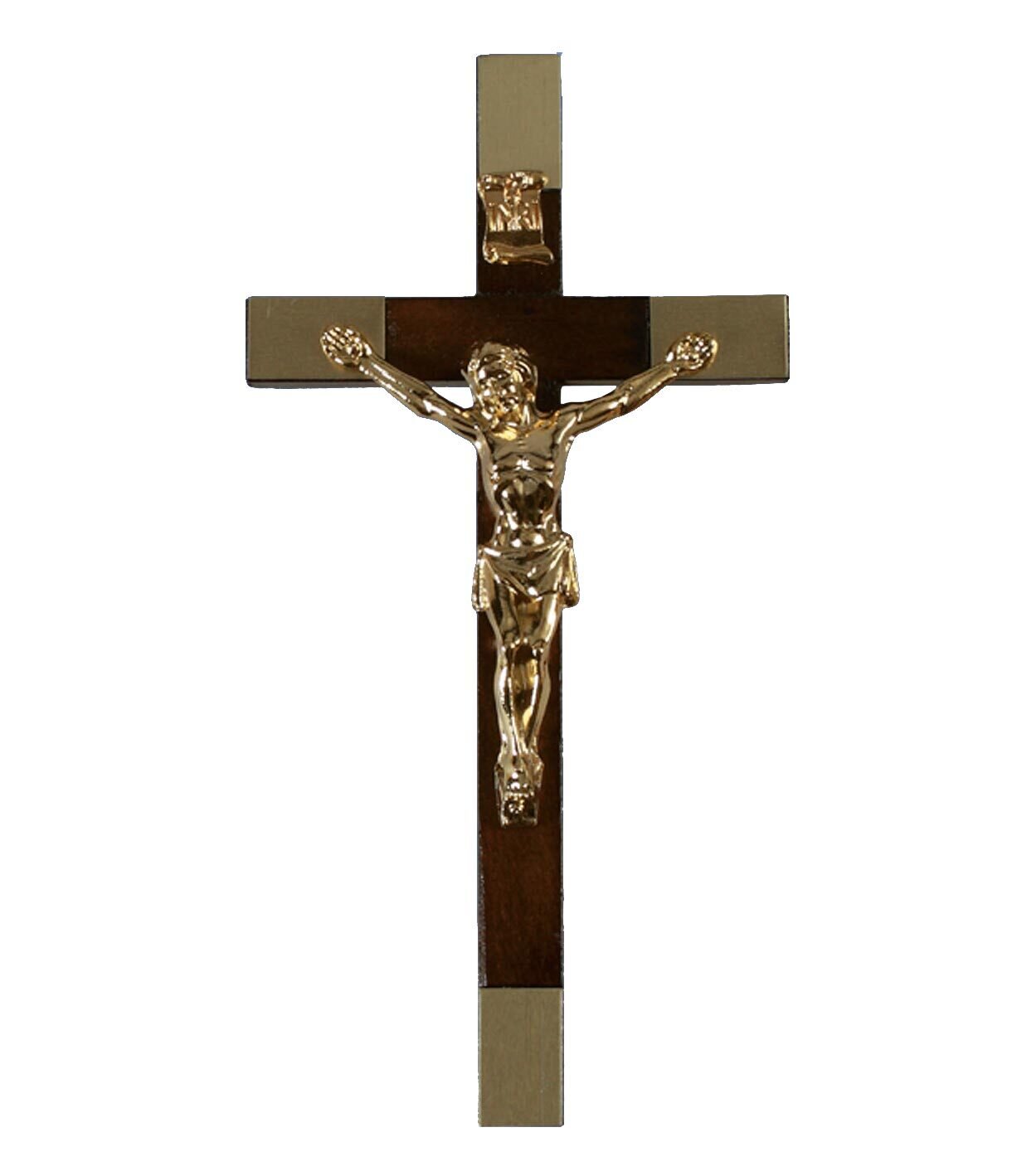 Croce in legno scuro con Cristo finitura ottone lucido