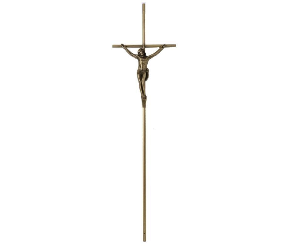 Croce in acciaio con Cristo in zama linea 440 finitura ottone anticato