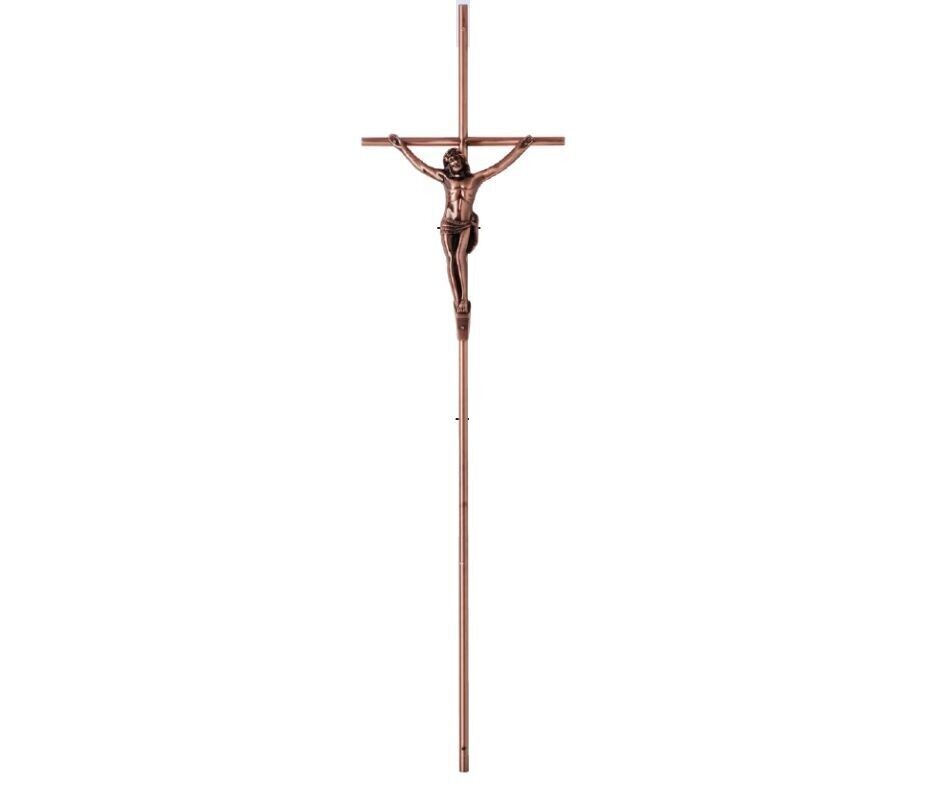 Croce in acciaio con Cristo in zama linea 440 finitura rame anticato