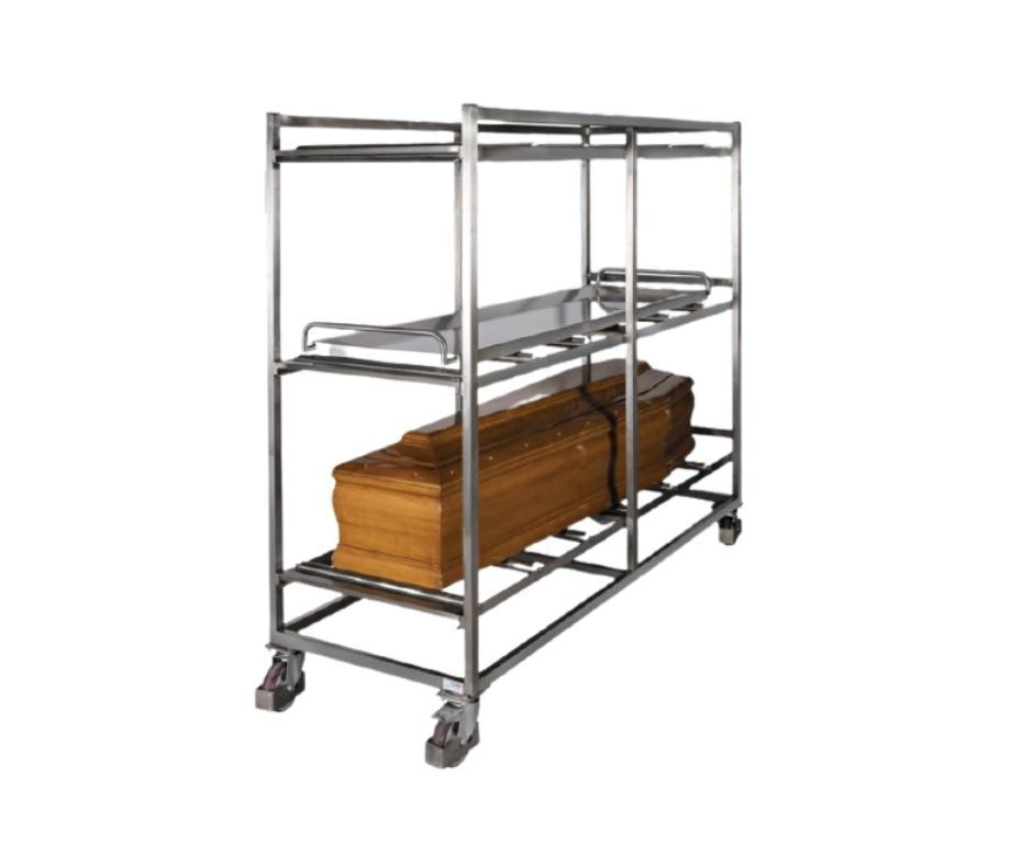 Struttura inox a tre livelli per feretri con rulli