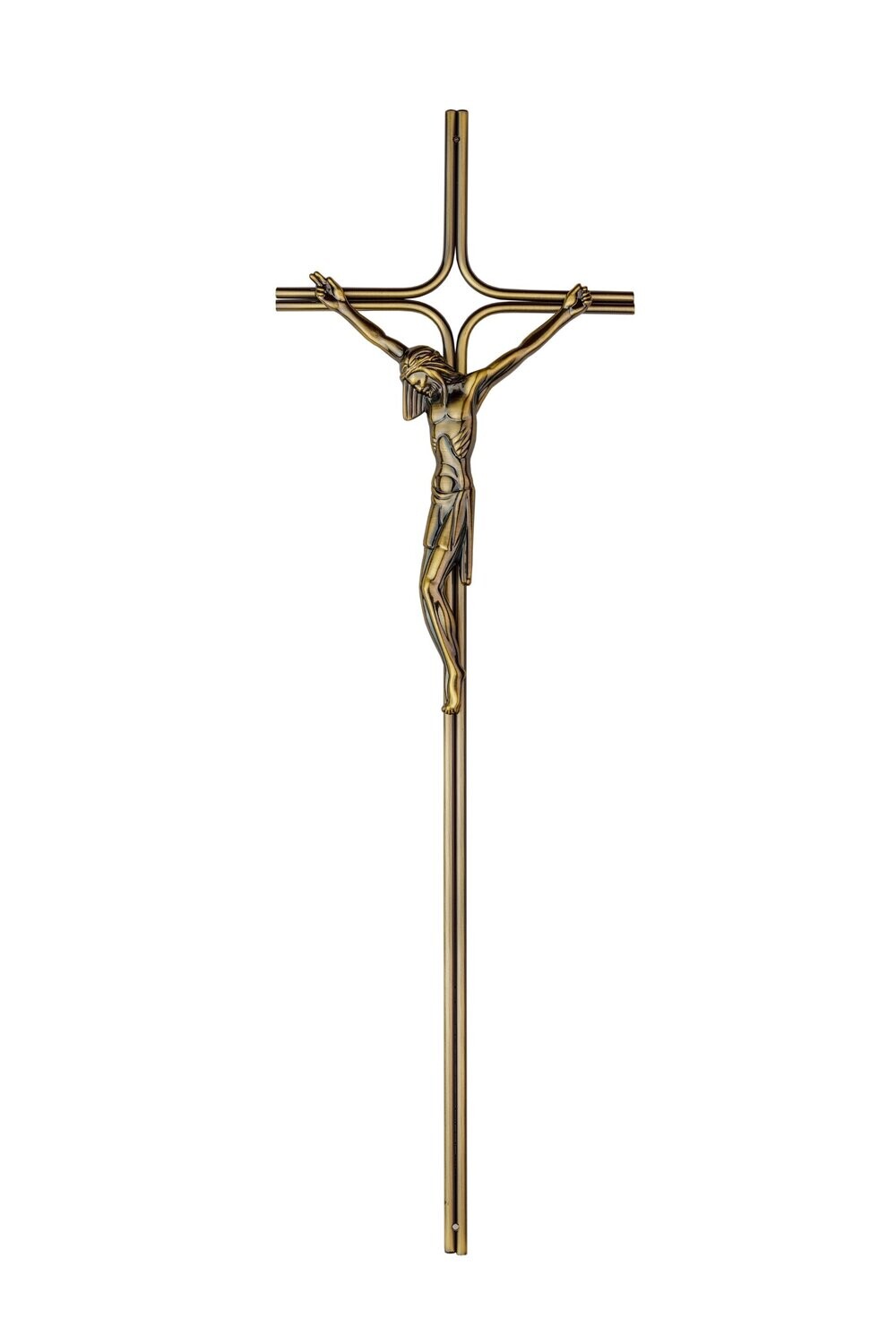 Croce in acciaio con Cristo in zama linea 561 finitura ottone anticato