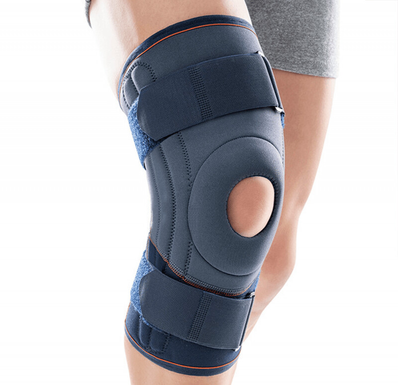 Joelheira estabilizadora em neoprene com rótula aberta e tiras de aperto