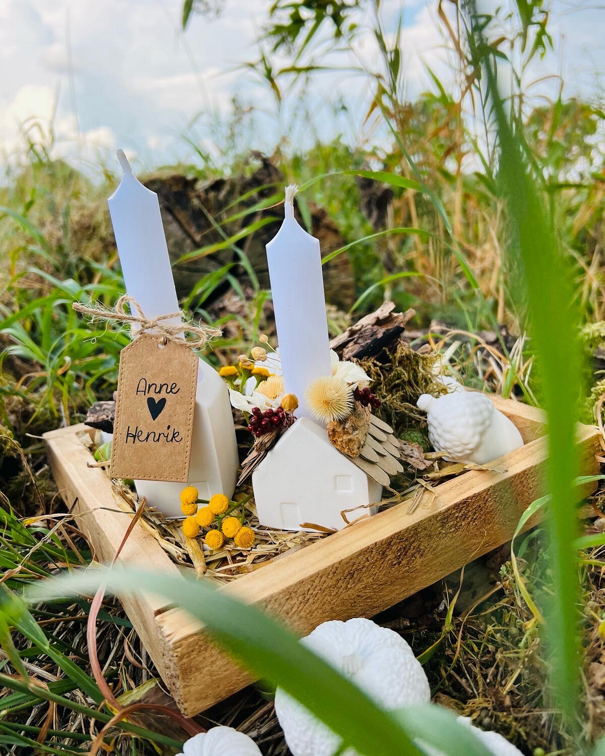 Häuschen zum Richtfest (komplett mit Holzboard und Kürbissen)