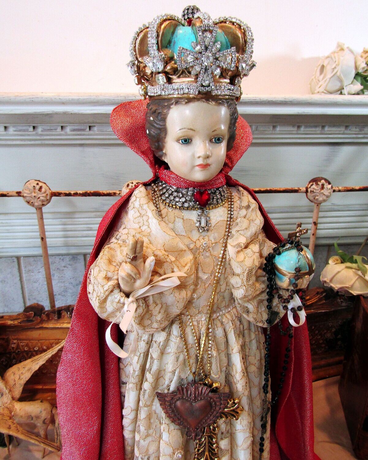 Large antique Infant of Prague statue rhinestone embellished crown, one