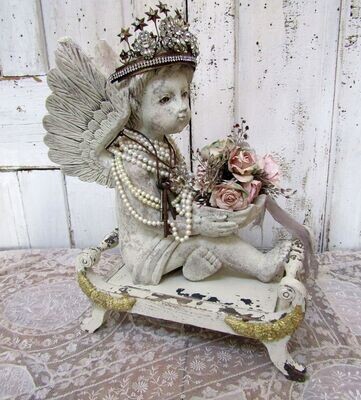 Vintage carved wood Cherub with large wings and crown Vintage carved wood Cherub with large wings and crown