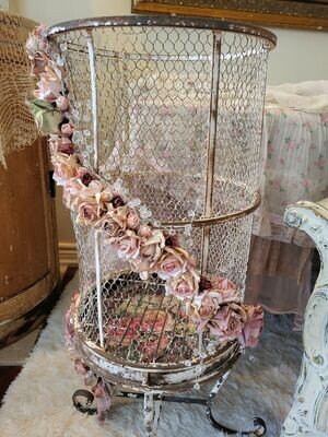 Large antique metal birdcage with garland of all handmade roses Large antique metal birdcage with garland of all handmade roses