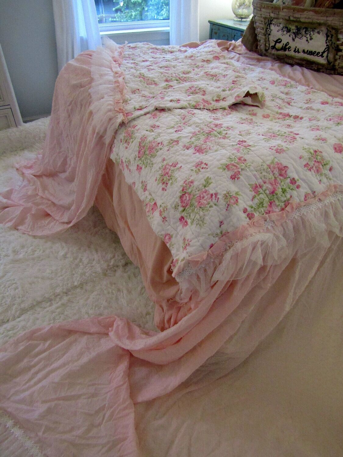Pink rose shabby chic runner or bed scarf versatile home textile decor
