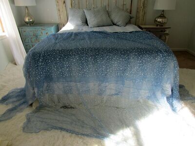 Tattered shabby chic wispy blue and white star fabric bed scarf, throw, tablecloth runner Tattered shabby chic wispy blue and white star fabric bed scarf, throw, tablecloth runner