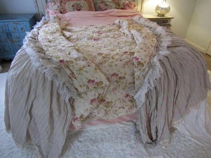 Cottage core antique French quilt  bed scarf, couch throw