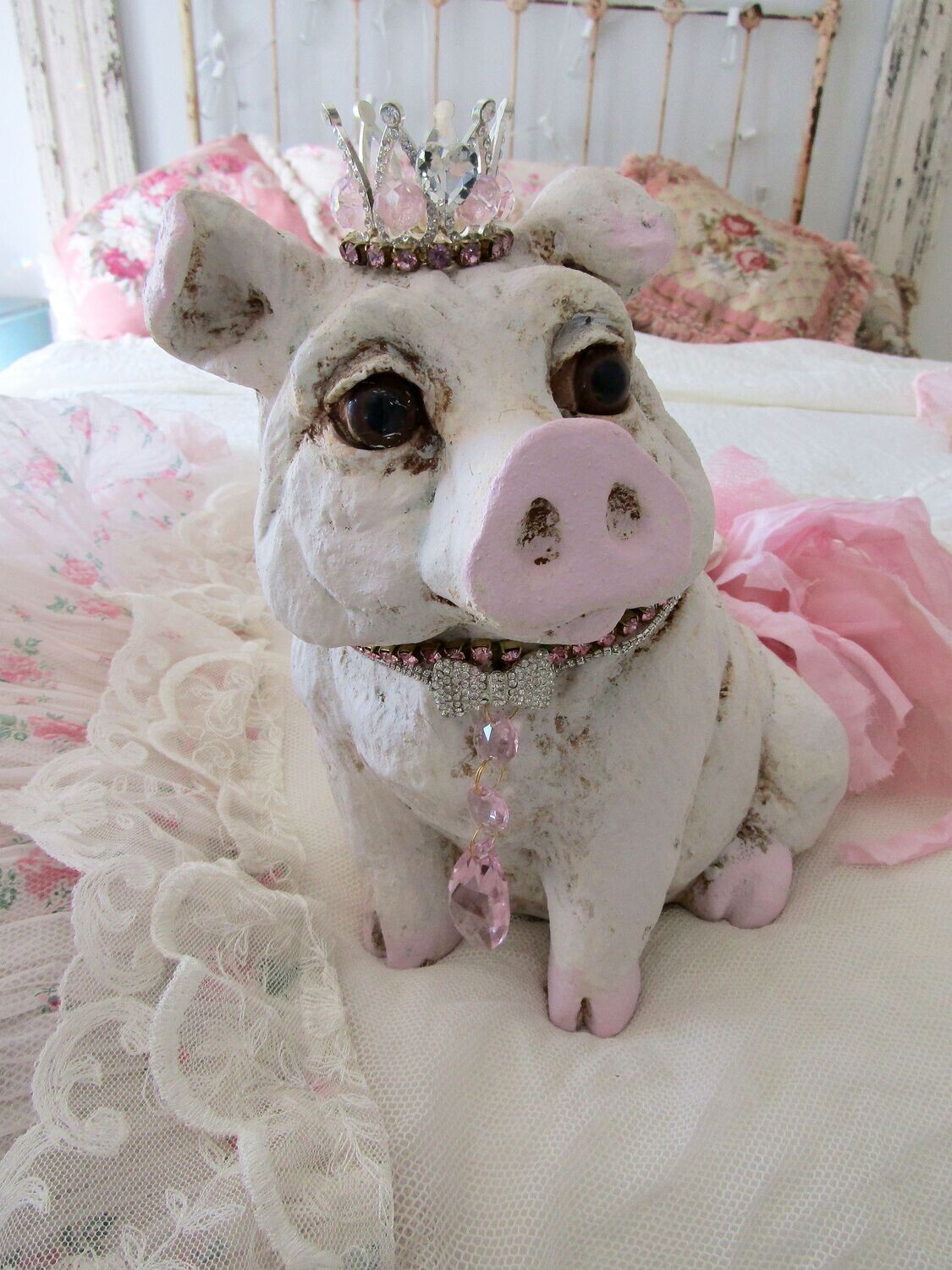 Large French pig statue with glass eyes, painted pink and white