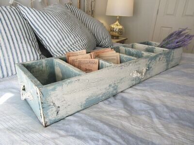 Long antique wood caddie or wall cubby, comes with vintage metal tags Long antique wood caddie or wall cubby, comes with vintage metal tags