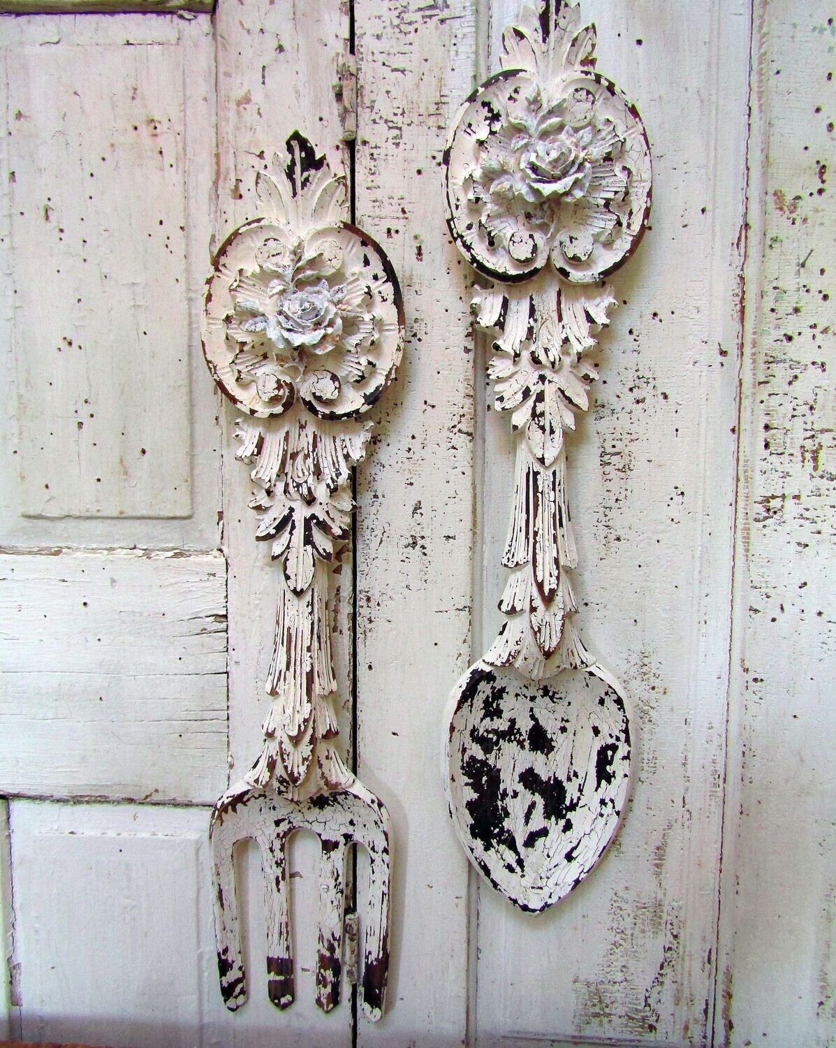 Large Spoon and fork wall decor , rare wood set with roses