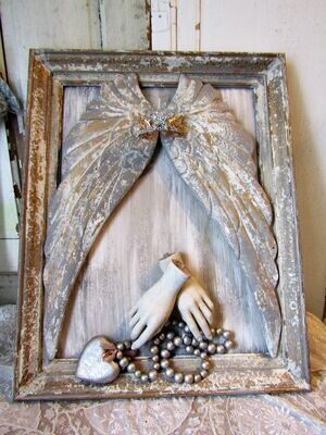 Framed Santos angel cherub wall decor, Framed wings and hands 3D watchful angel wall piece Framed Santos angel cherub wall decor, Framed wings and hands 3D watchful angel wall piece