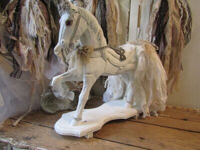 SOLD Large white carved wooden horse statue with Tambour lace tail
