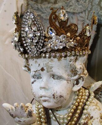 SOLD Cherub statue with rhinestone crown, by Anita Spero