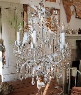 SOLD Large brass chandelier lighting with crystals, adorned cherubs painted distressed French blue