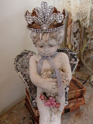 French cottage statue of boy, embellished in Pink and blue roses and ribbon