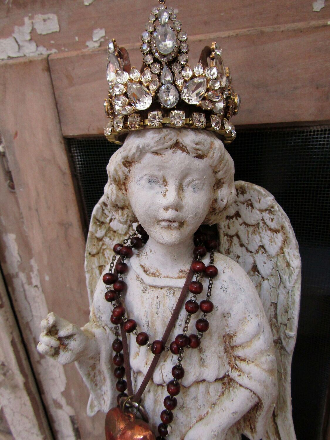 French Santos carved angel statue with rhinestone crown home decor