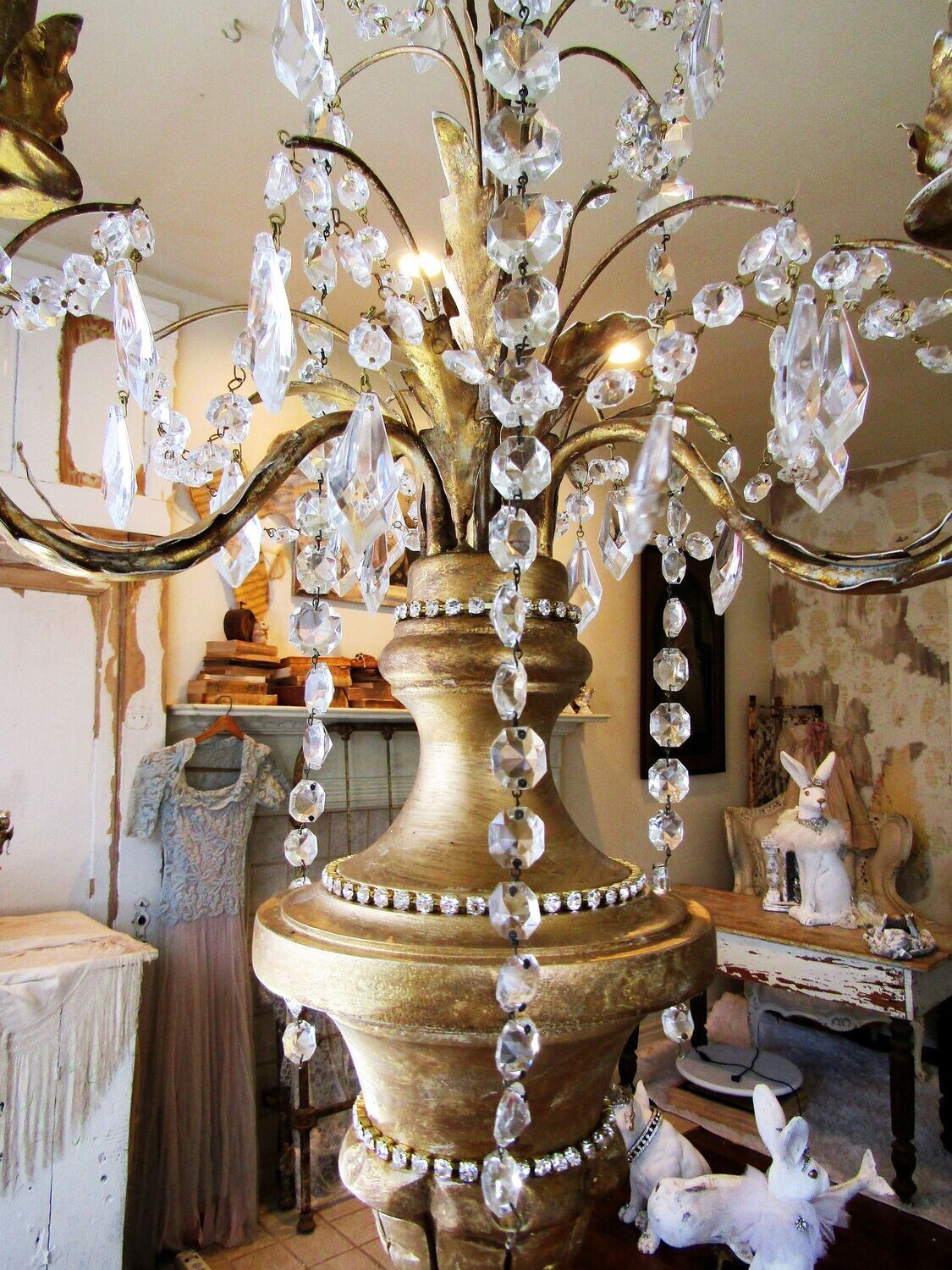 SOLD Large vintage gold gilded crystal candelabra lamp lighting