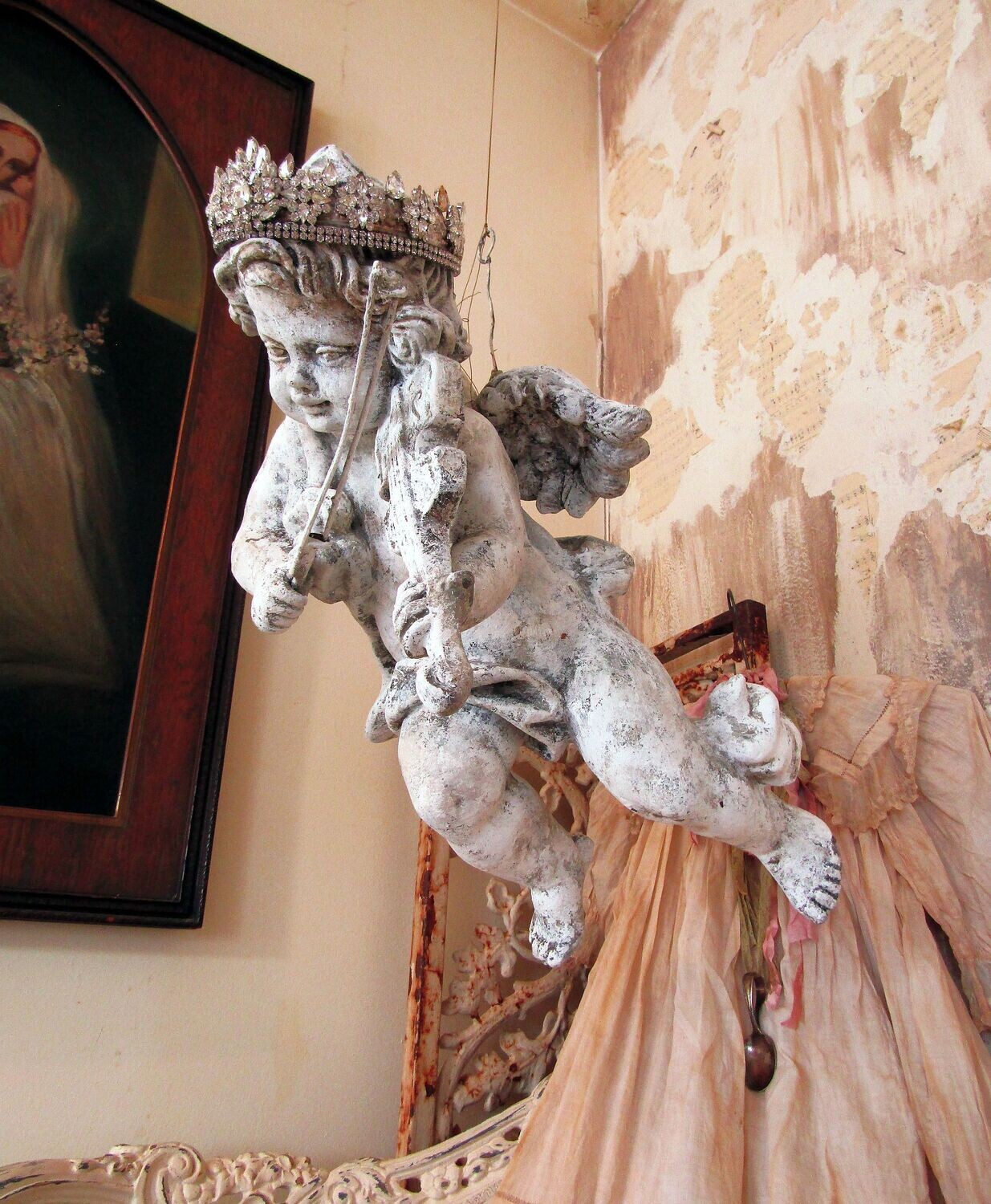 SOLD   Large carved wood flying cherub sculpture, Italian, Spanish or Italian antique rhinestone crown