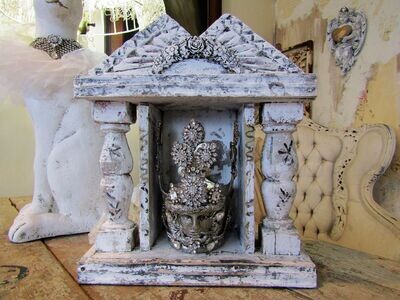 SOLD Antique wood folk art French Santos/ Mexican alter shrine with unique crown