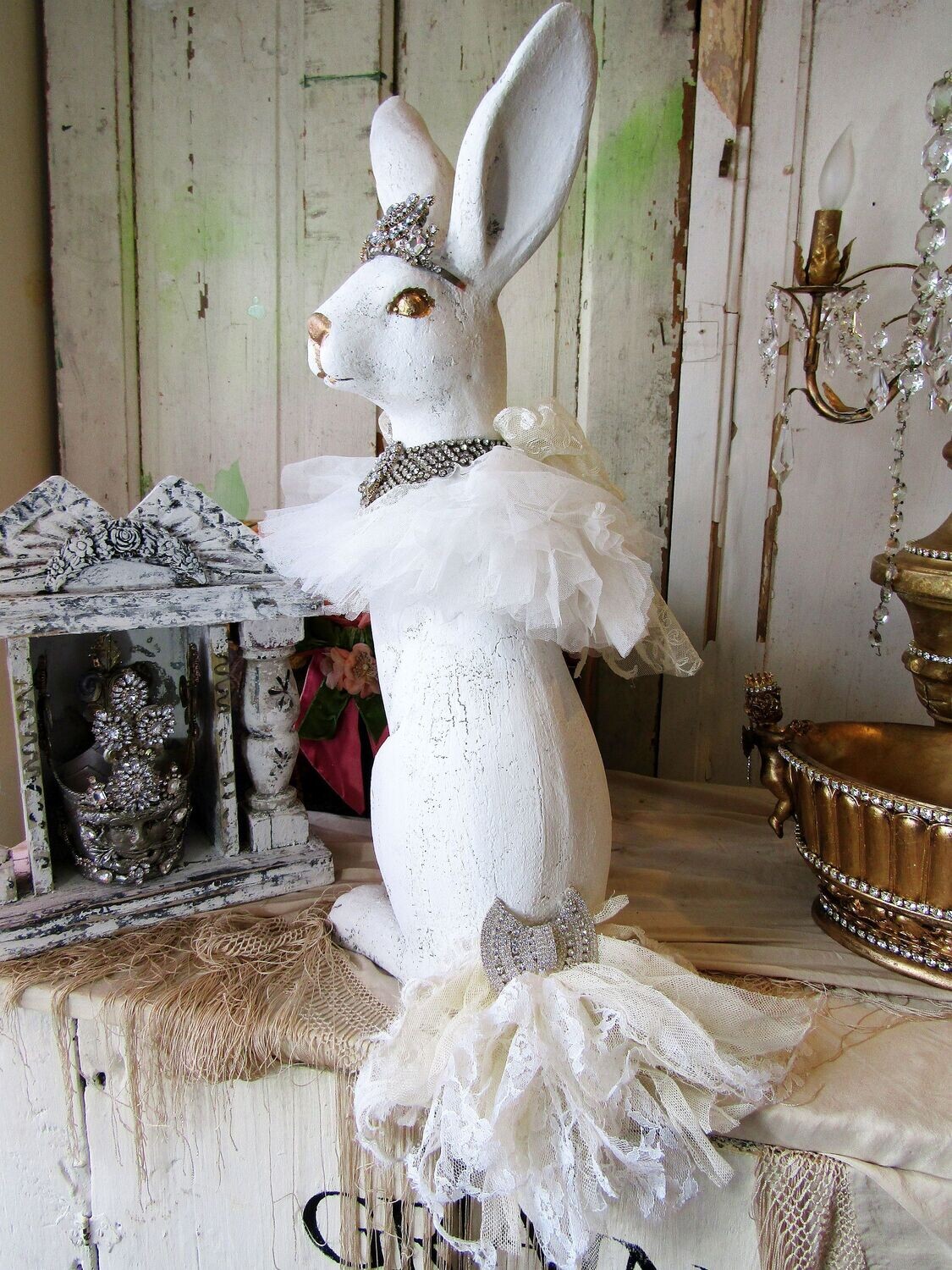 Large tall white rabbit statue with crown and embellished in a collar, storybook style hare. 24" tall