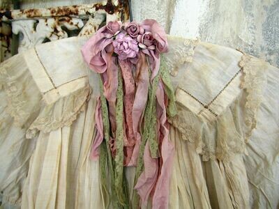 Antique French babies gown with hanger old ribbon and roses cottage core