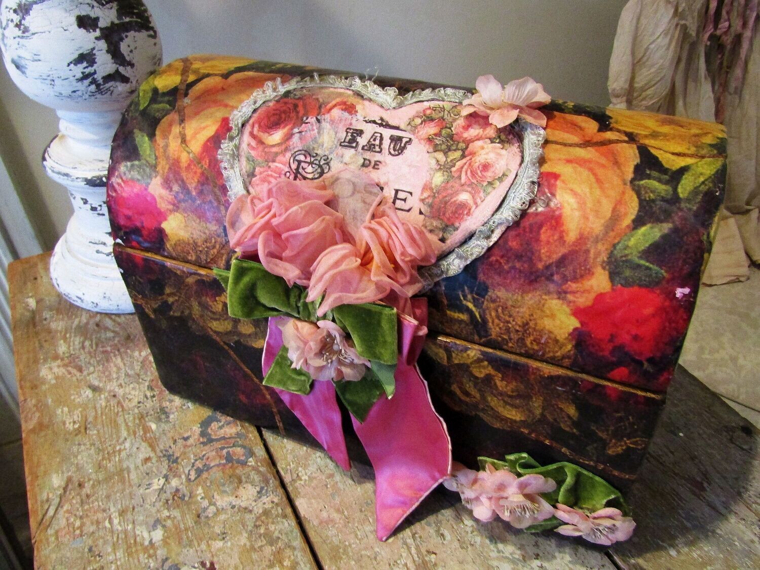 SOLD Rare cottage core heavy trunk box with floral design