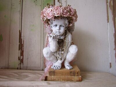 SOLD Large cherub statue with pink rose halo crown by Anita Spero