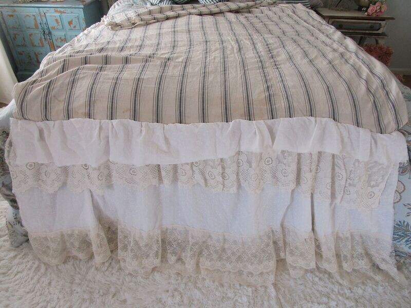 French antique striped mattress daybed cover embellished with lace versatile textile for beds, couches and more French antique striped mattress daybed cover embellished with lace versatile textile for beds, couches and more