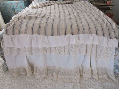 French antique striped mattress daybed cover embellished with lace versatile textile for beds, couches and more