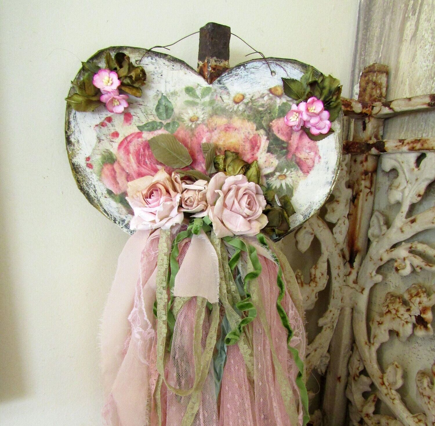 SOLD Handmade spring rose heart wall hanging embellished with lace and fabric home decor