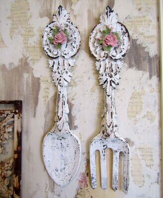 SOLD Large kitchen dinning room hand carved wood spoon and fork shabby cottage wall decor