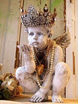 Cherub statue with handmade rhinestone crown by Anita Spero