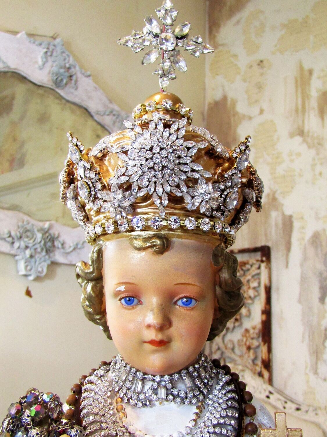 SOLD Large Infant of Prague statue with ornate rhinestone crown, piercing blue glass eyes