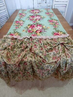 Floral shabby floral long runner, handmade linen antique/ vintage roses and floral mixed table runner