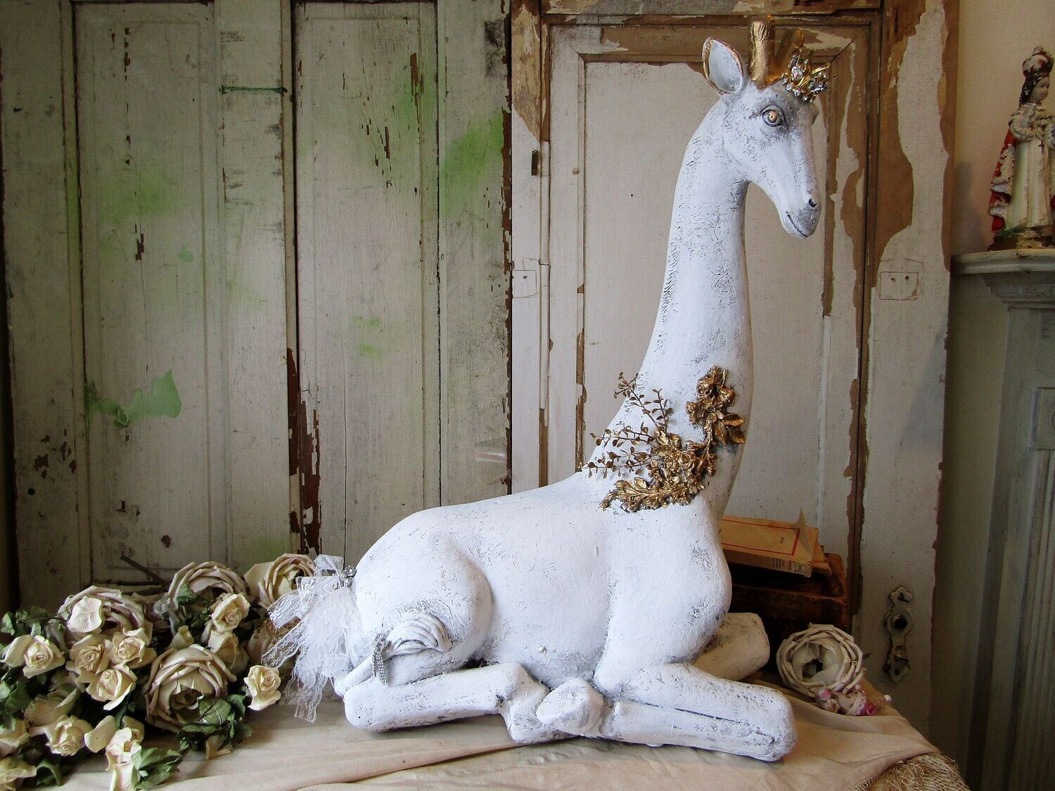 Large Albino white Giraffe statue with crown, hand painted white with golden flowers and crown anita spero design