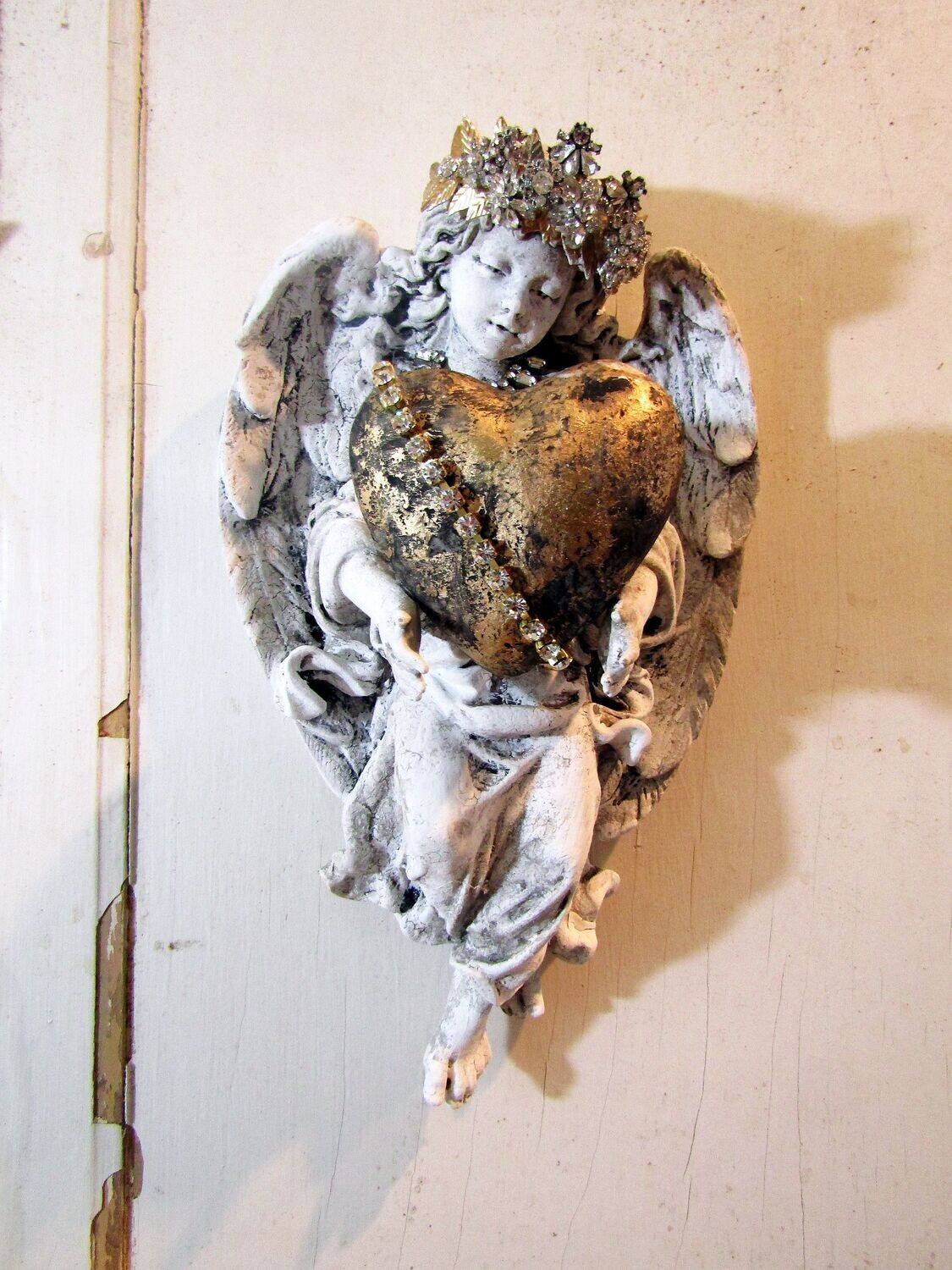Angel holding a heart wall sculpture decor, handmade heart and crown
